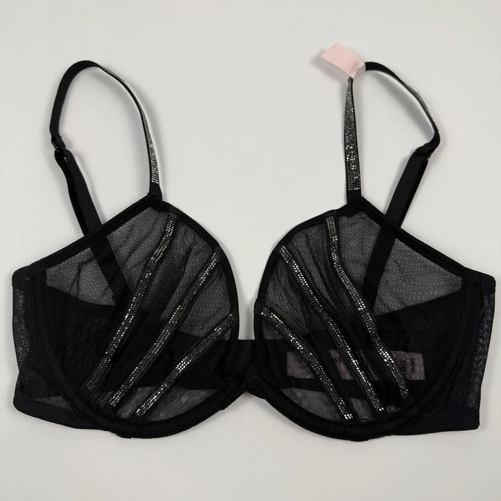 Victoria's Secret Very Sexy Black Mesh Lace Demi Underwire Bra Shine Strap 36B